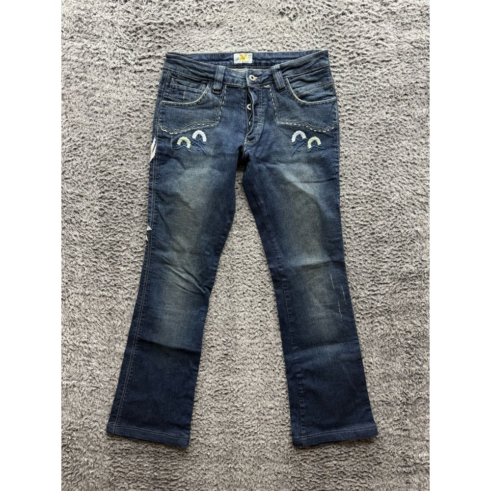 Y2K Antik Denim Eagle Embroidered Flared Denim Jeans‎ Blue Womens Size 27